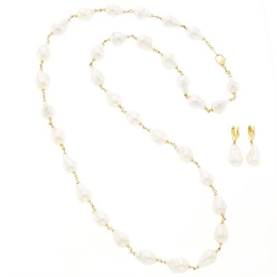 Lot 2019 - Gold and Baroque Cultured Pearl Necklace and Pair of Pendant-Earrings
