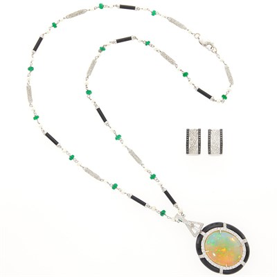 Lot 2154 - White Gold, Black Onyx, White Opal, Emerald Bead and Diamond Enhancer-Necklace and Pair of Diamond and Black Diamond Earrings