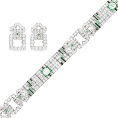 Lot 104 - Platinum, Diamond, Emerald and Black Onyx Bracelet and Pair of Diamond and Emerald Earrings