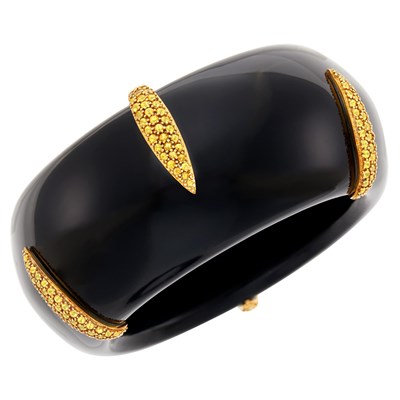 Lot 30 - Black Onyx, Gold and Yellow Sapphire Cuff Bangle Bracelet