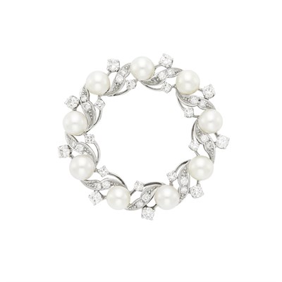Lot 82 - Shreve, Crump & Low Platinum, Cultured Pearl and Diamond Circle Brooch