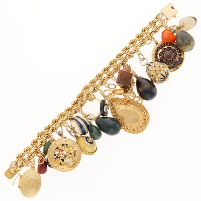 Lot 2279 - Gold, Metal, Enamel and Hardstone Charm Bracelet