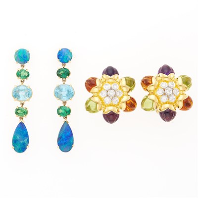 Lot 2020 - Two Pairs of Two-Color Gold, Gem-Set and Diamond Earrings