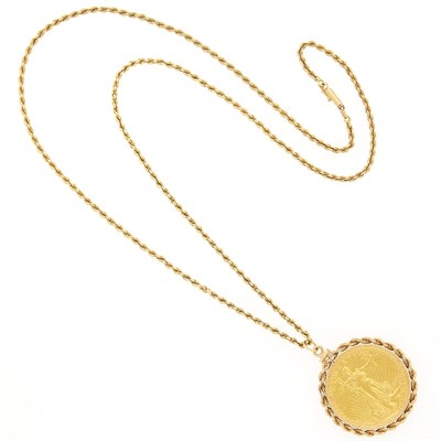 Lot 2045 - Gold and Gold Coin Pendant with Long Gold Rope-Twist Chain