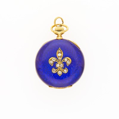 Lot 2107 - Waltham Gold, Blue Guilloché Enamel and Diamond Fleur-de-Lis Open Face Pendant-Watch