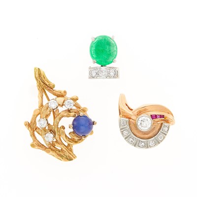 Lot 2274 - Rose Gold, Diamond and Ruby Ring, Gold, Synthetic Star Sapphire and Diamond Pin and Platinum, Cabochon Emerald and Diamond Pin