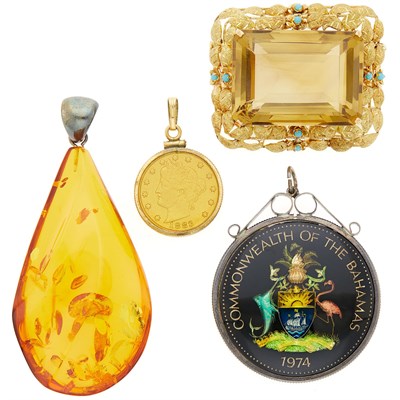 Lot 1118 - Gold, Citrine and Turquoise Pendant-Brooch, Amber Pendant, Silver Medallion and Coin Pendant
