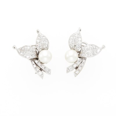 Lot 2169 - Pair of White Gold, Cultured Pearl and Diamond Earclips