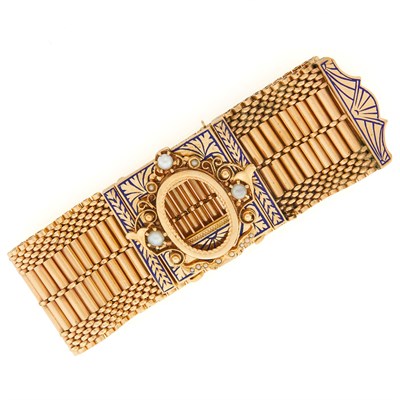 Lot 1195 - Gold, Blue Enamel, Cultured and Split Pearl Bracelet