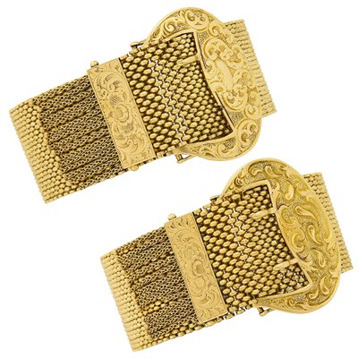 Lot 54 - Pair of  Antique Wide Mesh Gold Slide Fringe Bracelets