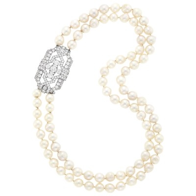 Lot 116 - Double Strand Semi-Baroque Cultured Pearl Necklace with C. G. Hallberg Platinum and Diamond Clasp