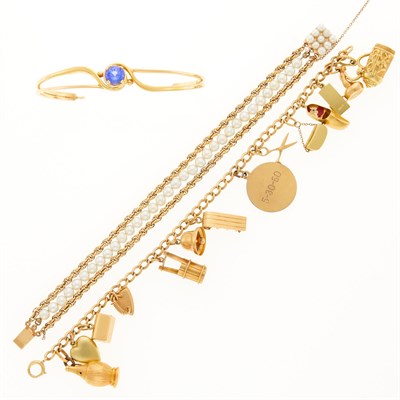 Lot 2313 - Three Gold, Gold-Filled, Cultured Pearl and Gem-Set Bracelets