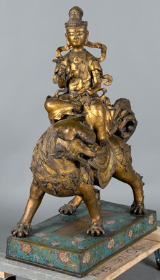 Lot 131 - Large Chinese Gilt Bronze and Champleve Enamel Figure of a Guanyin on A Lion
