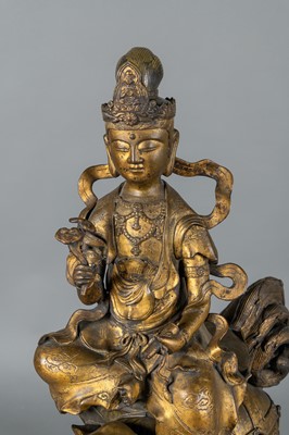 Lot 131 - Large Chinese Gilt Bronze and Champleve Enamel Figure of a Guanyin on A Lion