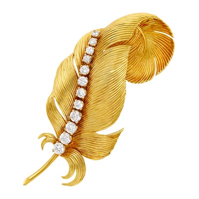 Lot 2301 - Tiffany & Co. Gold and Simulated Diamond Feather Brooch