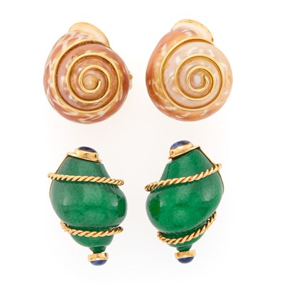 Lot 1116 - Shell and Gold Earclips and Attributed to Seaman Schepps Pair of Gold, Aventurine Quartz and Sapphire Shell Earrings