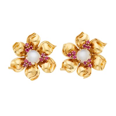 Lot 1006 - Tiffany & Co. Pair of Gold, Moonstone and Ruby Flower Earclips