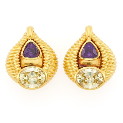 Lot 1020 - Pair of Gold, Amethyst and Yellow Cubic Zirconia Earrings