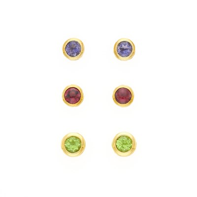 Lot 2032 - Jane Bohan Three Pairs of Gold and Colored Stone Stud Earrings
