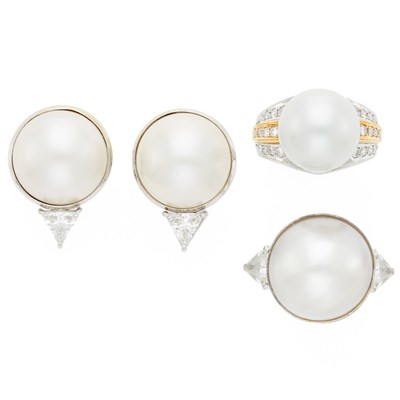 Lot 1136 - Pair of White Gold, Mabé Pearl and Simulated Diamond Earrings and Ring and Platinum, Gold, South Sea Cultured Pearl and Diamond Ring