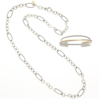 Lot 2309 - David Yurman Silver and Gold 'Crossover' Bangle Bracelet and Long 'Figaro Cable' Chain Necklace