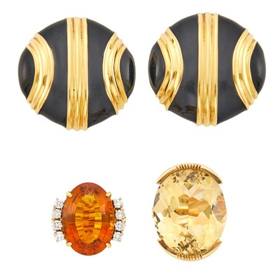 Lot 1112 - Pair of Gold and Black Earrings and Two Gold and Citrine Rings