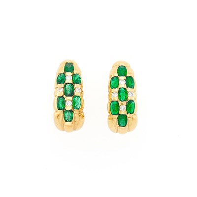 Lot 1130 - Pair of Gold, Emerald and Diamond Earrings