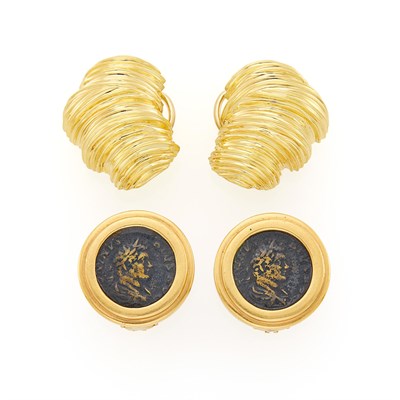Lot 1115 - Pair of Gold Earclips and Pair of Gold and Bronze Coin Earclips