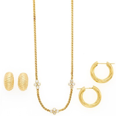Lot 1140 - Gold and Diamond Chain Necklace and Two Pairs of Earrings