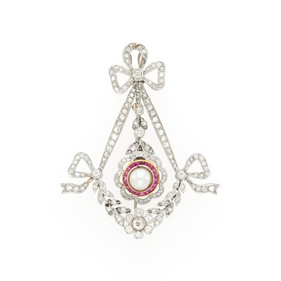 Lot 1037 - Platinum, Gold, Diamond, Cultured Pearl and Ruby Enhancer-Brooch