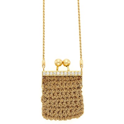 Lot 1003 - Gold and Diamond Mesh Purse Pendant with Long Chain Necklace
