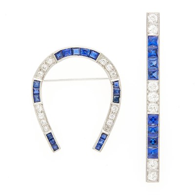 Lot 70 - White Gold, Synthetic Sapphire and Diamond Horseshoe Brooch and Platinum Bar Pendant