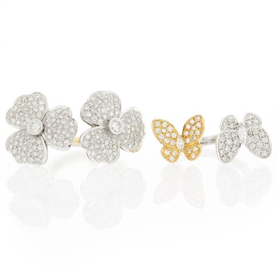 Lot 22 - Two-Color Gold and Diamond Butterfly Ring and Double Clover Ring