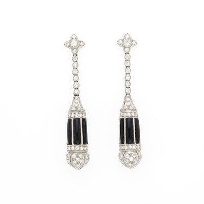 Lot 68 - Pair of White Gold, Black Onyx and Diamond Pendant-Earrings