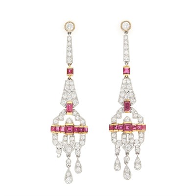 Lot 73 - Pair of Two-Color Gold, Ruby and Diamond Pendant-Earrings