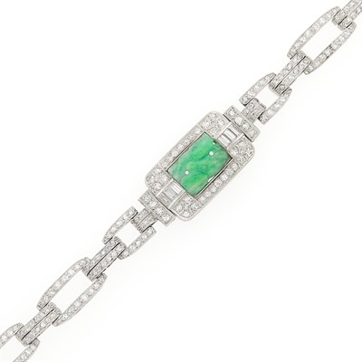 Lot 67 - Platinum, Carved Jade and Diamond Bracelet