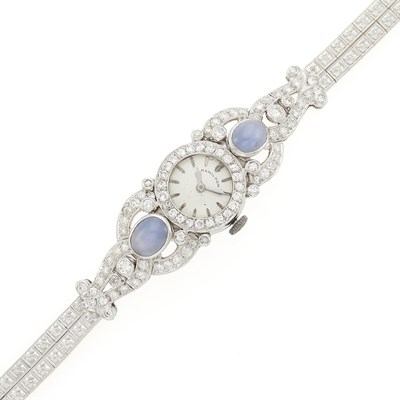 Lot 61 - Hamilton Platinum, White Gold, Star Sapphire and Diamond Bracelet-Watch