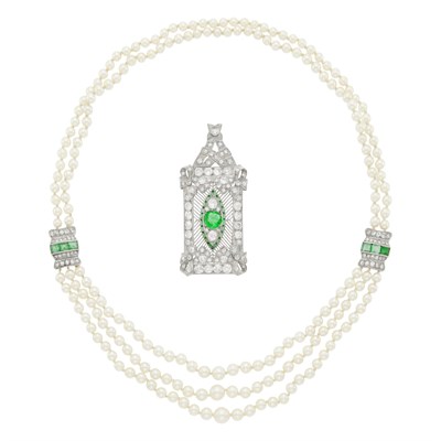 Lot 65 - Platinum, Emerald and Diamond Enhancer-Brooch and Multistrand Cultured Pearl Swag Necklace
