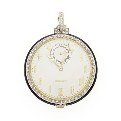 Lot 63 - Longines Platinum, Gold, Black Enamel and Diamond Open Face Pendant-Watch