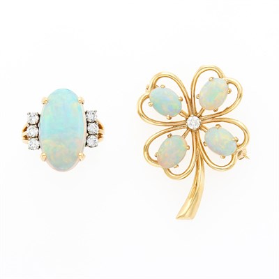 Lot 1149 - Gold, White Opal and Diamond Ring and Clover Pin