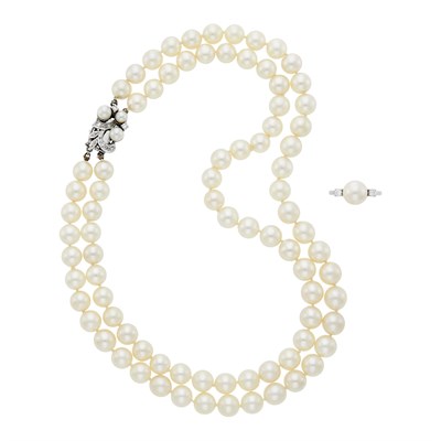 Lot 1059 - White Gold, Cultured Pearl and Diamond Ring and Double Strand Cultured Pearl Necklace with Diamond Clasp