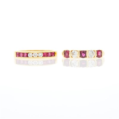 Lot 1210 - Two Gold, Ruby and Diamond Band Rings