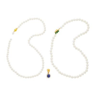 Lot 1161 - Gold, Cabochon Sapphire and Diamond Enhancer and Two Cultured Pearl Necklaces with Gold Clasps