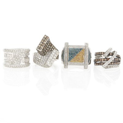 Lot 1074 - Three White Gold, Colored Diamond and Diamond Rings and Low Karat Gold Ring