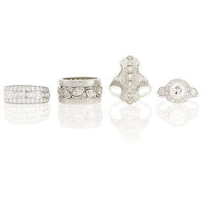 Lot 77 - Platinum and Diamond Ring, Palladium and Diamond Band Ring, White Gold and Diamond Ring and Costume Band Ring