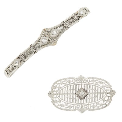 Lot 76 - White Gold, Stainless Steel and Diamond Bracelet and Costume Brooch