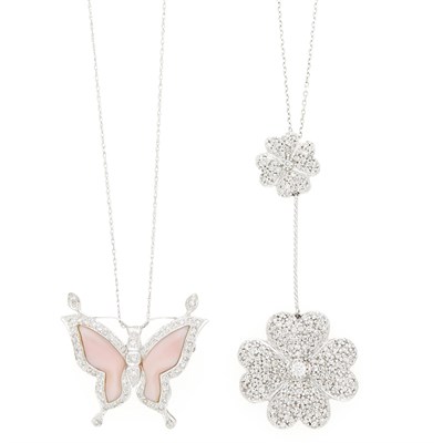 Lot 44 - White Gold and Pink Mother-of-Pearl Butterfly Pendant-Brooch and Diamond Flower Pendant with Chain Necklaces