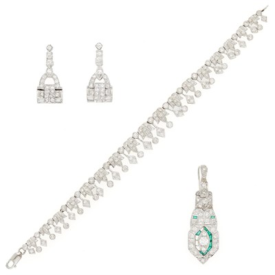 Lot 66 - Platinum, White Gold, Diamond and Synthetic Emerald Enhancer, Pair of Earrings and Bracelet