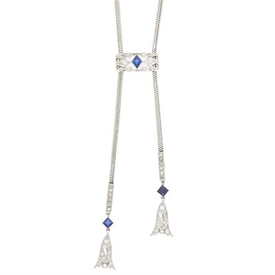 Lot 71 - Platinum, Synthetic Sapphire and Diamond Snake Chain Tassle Choker Pendant-Necklace