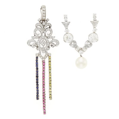 Lot 1084 - Silver, Diamond and Gem-Set Enhancer and Low Karat White Gold, Diamond and Cultured Pearl Enhancer